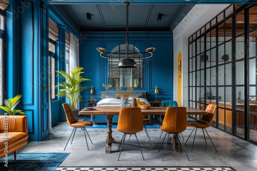 A chic dining room with luxurious blue walls, a double bed, a central wooden table surrounded by orange chairs, a marble floor, and green potted plants. Copy space.