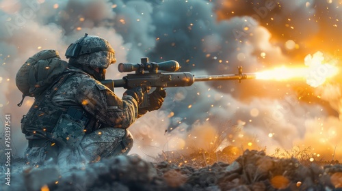 view of a soldier using generic military portable rocket launcher defense system shooting missiles during a special operation, wide poster design photo