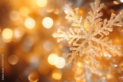 Macro shot of a glittering gold snowflake.