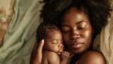 Beautiful black mother embracing newborn baby, expressing love, warmth, and the bond between mother and child