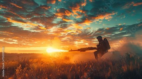 view of a soldier using generic military portable rocket launcher defense system shooting missiles during a special operation, wide poster design photo