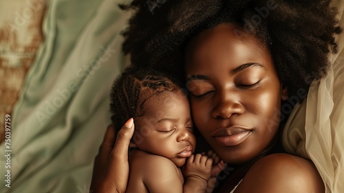 Beautiful black mother embracing newborn baby, expressing love, warmth, and the bond between mother and child photo