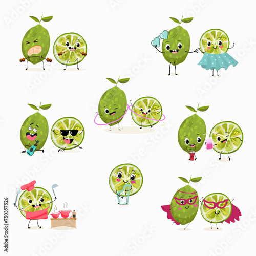 Cute cartoon limes characters set, collection. Flat vector illustration. Activities, playing musical instruments, sports, funny fruits.