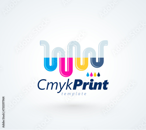 Logo СMYK Print Polygraphy theme. Ink is flowing through tube. Template design vector. White background.