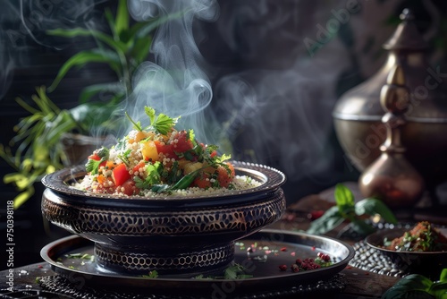 Moroccan Couscous with Vegetables and Aromatic Herbs, Traditional Cuscus, Moroccan Bulgur