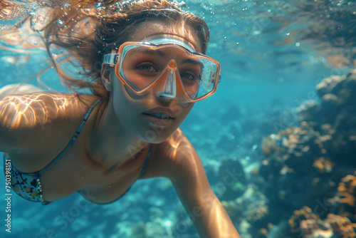 Caucasian girl in a mask swims on a coral reef
