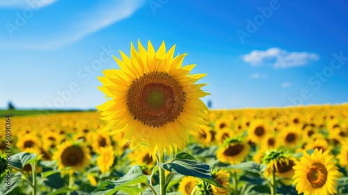 Beautiful panoramic view of the sunflower field in the sunlight. Yellow sunflower close-up. Beautiful summer landscape with sunset and blooming meadow  the concept of a rich harvest.