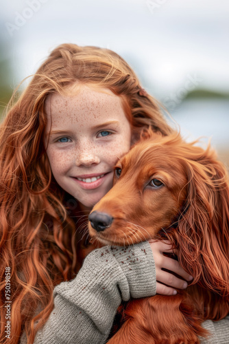 Pretty freckled girl with long red hair holding her Irish setter dog of the same hair colour. Dog and owner look alike.