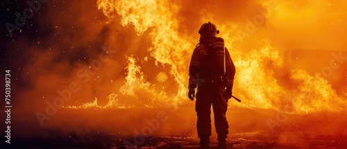 A powerful image of a firefighter advancing towards a massive fire, symbolizing confrontation and preparedness