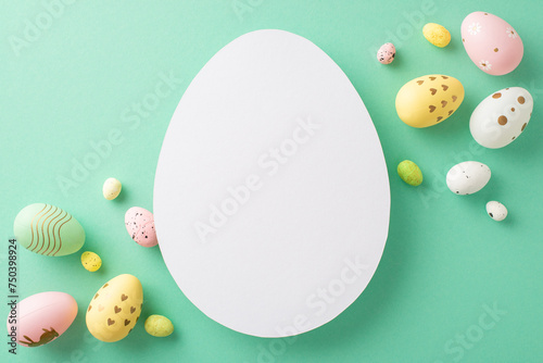 Easter conceptual arrangement: Overhead perspective of vivid eggs on a turquoise base, plus an egg-shaped hollow for annotations or commercials photo