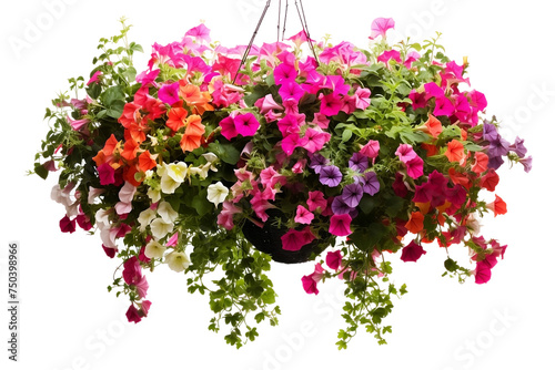 Vibrant hanging baskets overflow with floral abundance,real image.