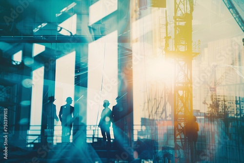 workers on construction site, engineering construction infrastructure silhouette of business people standing teamwork together multi exposure with industrial building construction in blue photo