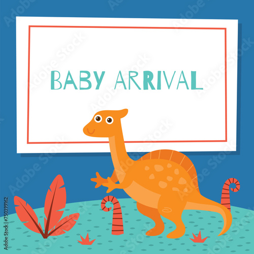 Birthday card and baby arrival for children in cute dinosaur theme