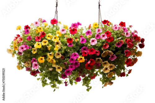 Overflowing blooms adorn hanging baskets with charm.