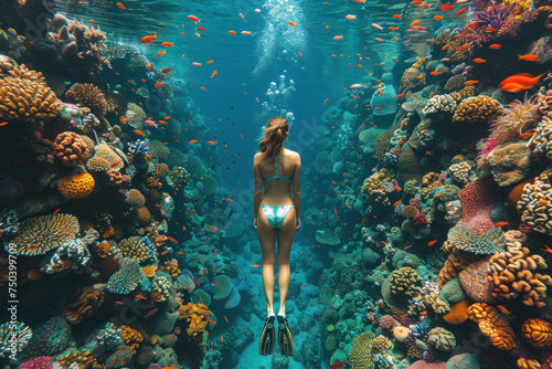 Fototapeta Naklejka Na Ścianę i Meble -  Caucasian girl in a mask swims on a coral reef
