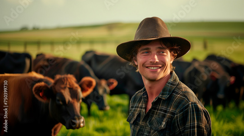 portrait of a farmer with cattles in the background, standing on a pasture