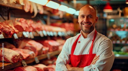 butcher selling meat at the meat counter