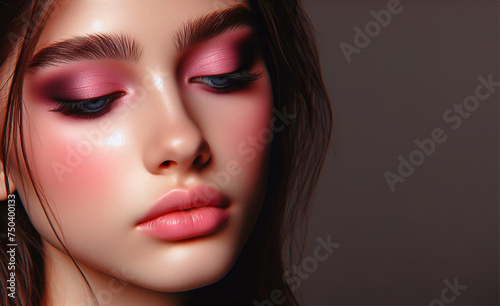Close-up de una mujer con maquillaje rosa. Espacio para copia. Sombra rosa en ojos