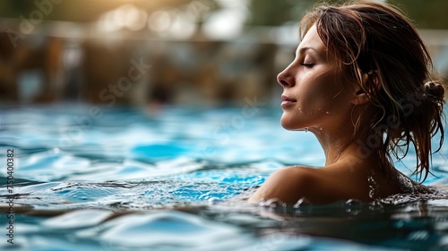 Beautiful young woman female model in a pool, immersed in the water, radiating elegance, and capturing the essence of aquatic allure
