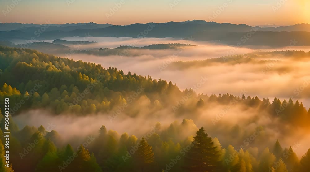 A Forest Awakens, Sunbeams Embrace the Morning Mist A Forest Awakens, Sunbeams Embrace the Morning Mist