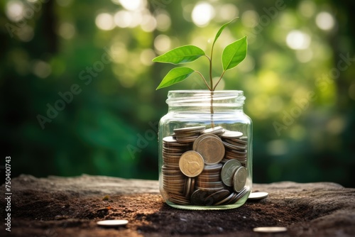 Plant growing out of coins in a glass jar with filter effect retro vintage style with nature background, Growing stacks of coins and a jar of coins on a table, Ai generated