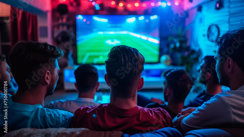 friends looking a soccer game together on the tv screen photo