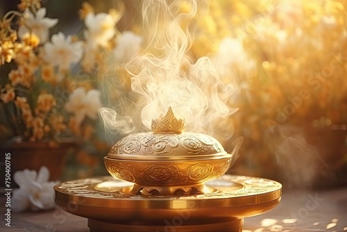 Incense Burning, Traditional Aroma Incense Smoke, Arabian Bakhoor Burning, Generative AI Illustration photo