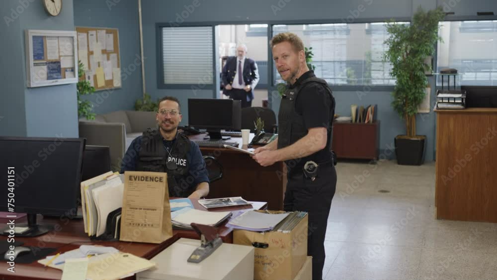 Police team in precinct with captain in background Police team in precinct with captain in background