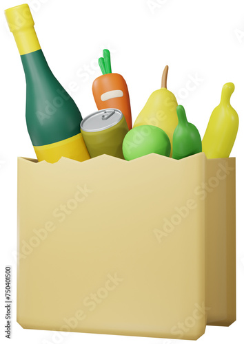 Shopping bag with grocery food and drink. 3D rendering.