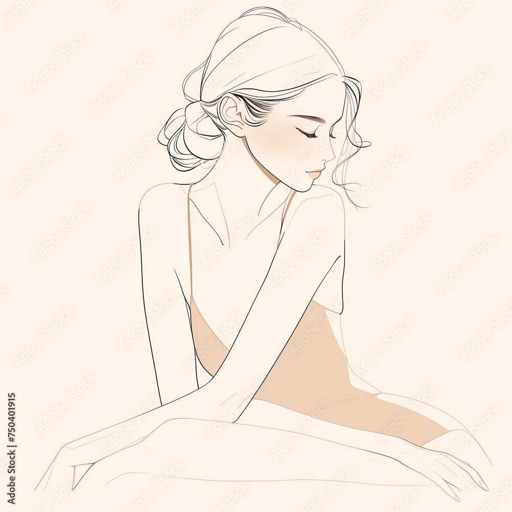 Sketch of a beautiful woman sitting in bed.