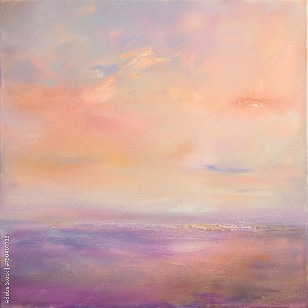 Beautiful seascape with pink sky and sea. Digital painting.