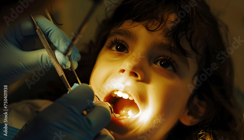 A pediatric dental examination in progress, with a compassionate dentist interacting with a young child patient