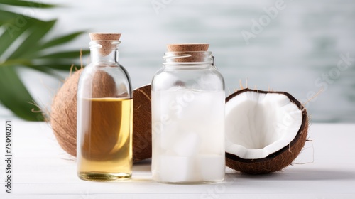 Coconut palm oil in a bottle, with coconuts and green palm leaves on a light background. Healthy food, skin care concept. Vegan food. Skin care procedures. Aromatherapy.