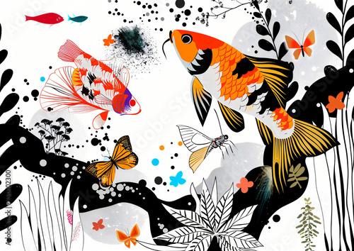 Illustration of fish plants and butterflies arranged t