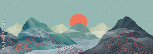 Mountain landscape watercolor painting illustration with line art pattern. Abstract contemporary aesthetic backgrounds landscapes. sunset, mountains, hills and sea © gina