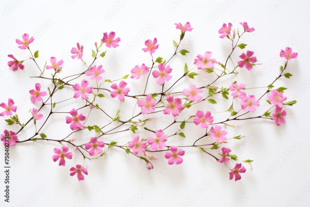 Top view Flowers composition. Pink flowers on white background. Flat lay