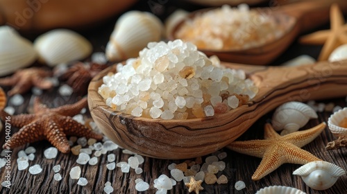 With seashells, starfish, and sea salt crystals in a wooden spoon