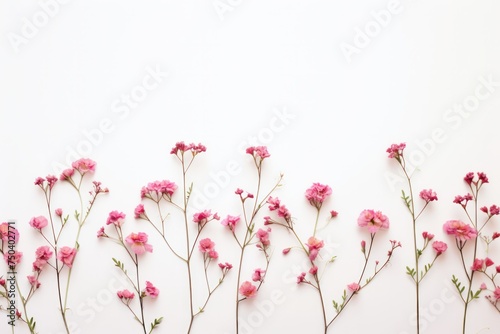 Top view Flowers composition. Pink flowers on white background. Flat lay