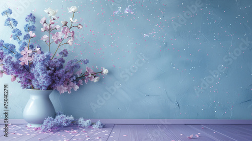  Blossoming blue and purple lilacs flowers in front of blue wall, minimalistic design.. Love celebration, birthday, wedding, womens day, mothers day,. Horizontal banner