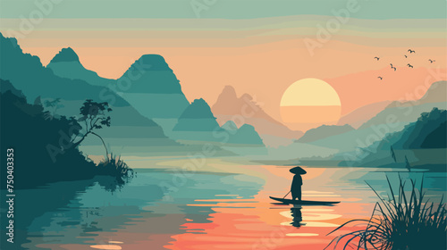Asian Background of Landscape with River Rice Fields