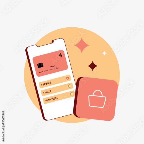 Manage In-app purchases - IAP. Digital transactions, auto-renewable subscriptions and automatic application mobile store payments. Isolated vector illustration on white background with icons