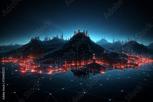 Futuristic network lines on a digital landscape symbolizing connectivity and data exchange photo