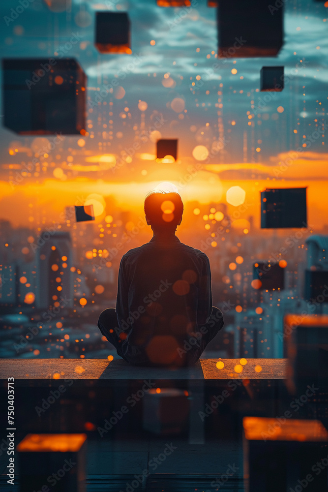 Silhouette of a thinker surrounded by cubes each representing an idea against the backdrop of a setting sun Silhouette of a thinker surrounded by cubes each representing an idea against the backdrop of a setting sun