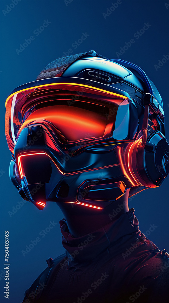 Vertical shot of the VR helmet transitioning from 3D realism to flat design blending dimensions
