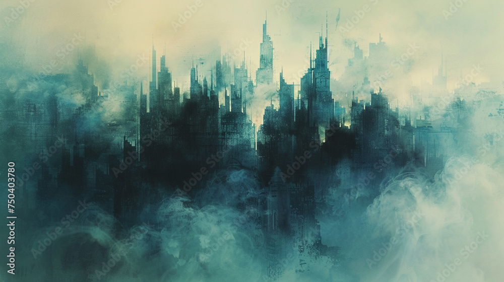 Wide shot of a city enveloped in mist watercolor blending reality with imagination