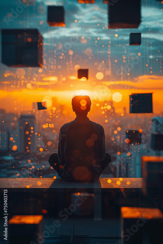Silhouette of a thinker surrounded by cubes each representing an idea against the backdrop of a setting sun