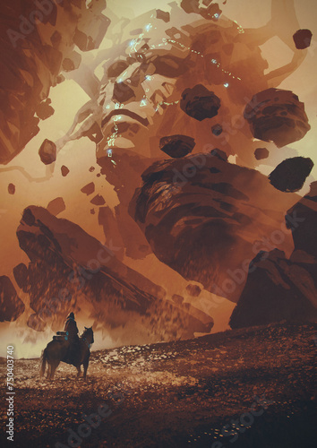 man rides a horse in a land of ancient statue with technology, digital art style, illustration painting © grandfailure
