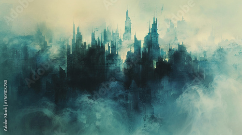 Wide shot of a city enveloped in mist watercolor blending reality with imagination
