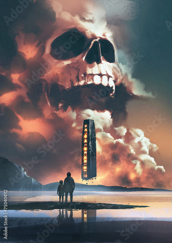 father and son looking at the rock pillar floating in the sky against the skull-shaped clouds, digital art style, illustration painting