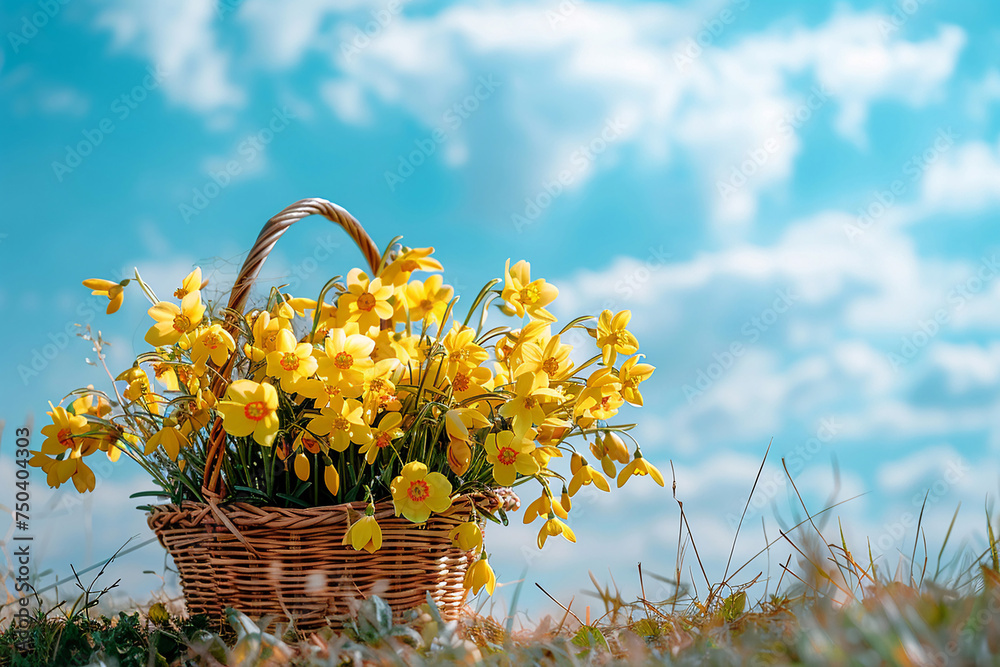basket of flowers, bouquet of yellow tulips in a basket